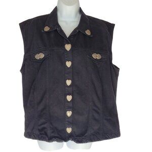 Museum Collection Black Denim Vest Womens XL Metal Heart Buttons Sleeveless Coll